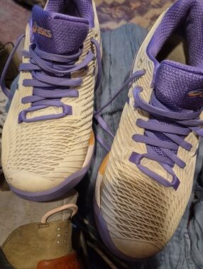 ASICS White and Purple Women's Athletic Shoes with Orange Accents